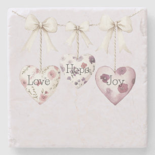 Porta-copo De Pedra Floral Inspirador Amor Esperança Alegria Corações