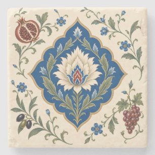 Porta-copo De Pedra Floral Otomano Iznik Romã Botânica Azul