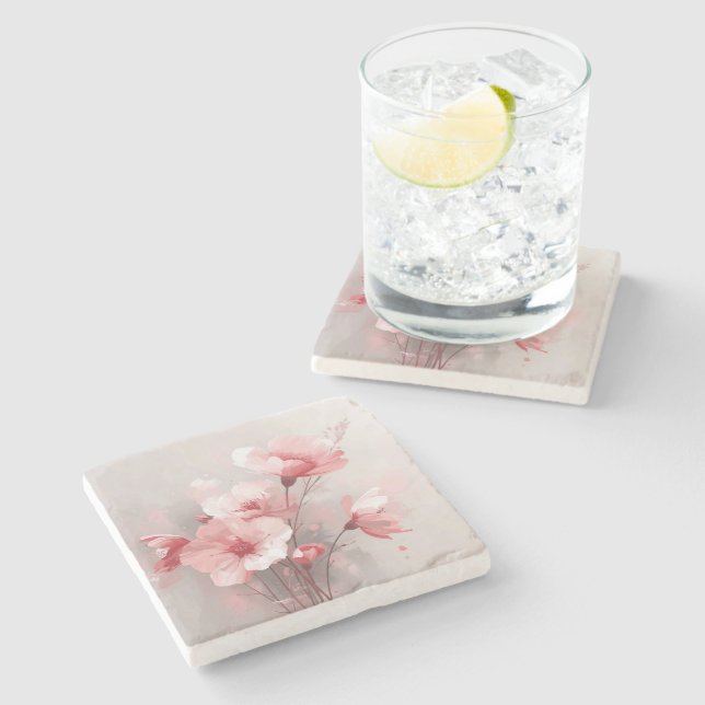Porta-copo De Pedra Floral Rosa, Branco e Cinza (Lateral)