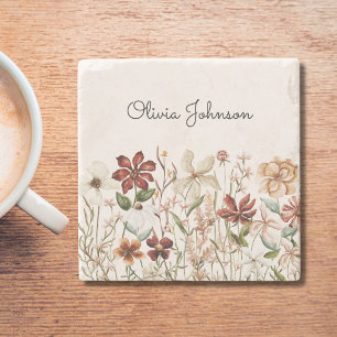 Porta-copo De Pedra Floral Silvestre Vintage Aquarela Personalizada