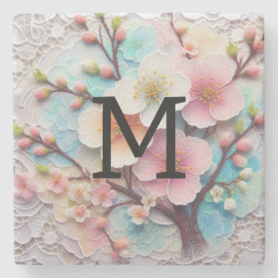 Porta-copo De Pedra Florença floral pastel cor-de-rosa monograma