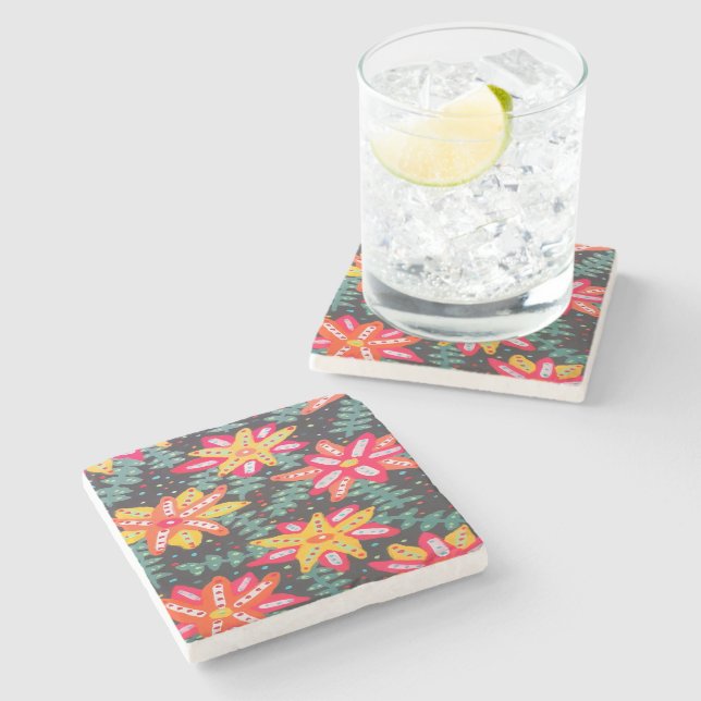 Porta-copo De Pedra Flores Amarelas e Laranja Negros (Lateral)