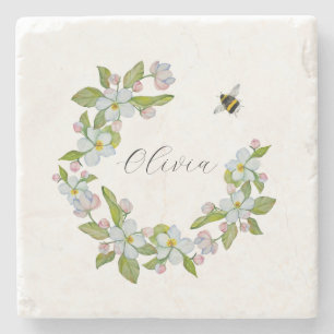 Porta-copo De Pedra Flores aquarelas de árvores de jardim e abelhão