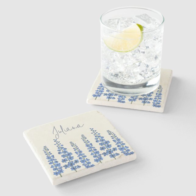 Porta-copo De Pedra Flores Azuis Delfinium de julho (Lateral)