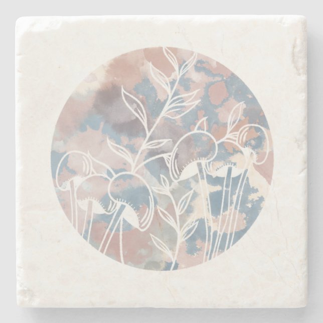 Porta-copo De Pedra Flores Brancas de Aquarela (Frente)