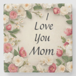 Porta-copo De Pedra Flores Brancas e Rosa Flóridas "Eu Amo-Te Mãe"