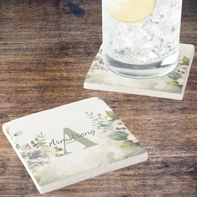 Porta-copo De Pedra Flores Brancas Elegantes e Monograma de Folhagens (Criador carregado)