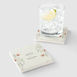 Porta-copo De Pedra Flores de Aquarela Pastel Verde