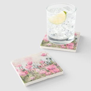 Porta-copo De Pedra Flores De Aquarelas Florais Rosa
