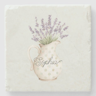 Porta-copo De Pedra Flores de Lavanda com Pontos de Hortelã em Vaso