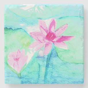 Porta-copo De Pedra Flores de Lotus Rosa Pastel Aquarela