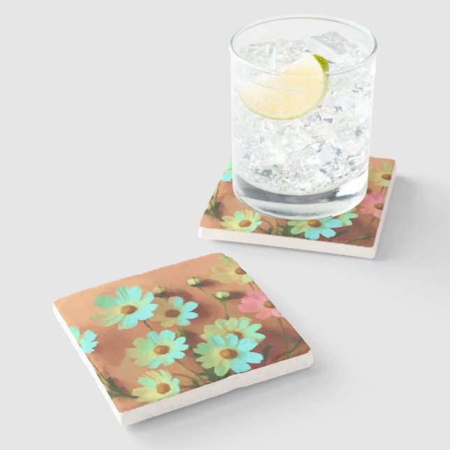 Porta-copo De Pedra Flores de Zinnia Elegans (Lateral)