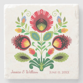 Porta-copo De Pedra Flores Folclóricas Polonesas em Pedra Vermelha Por