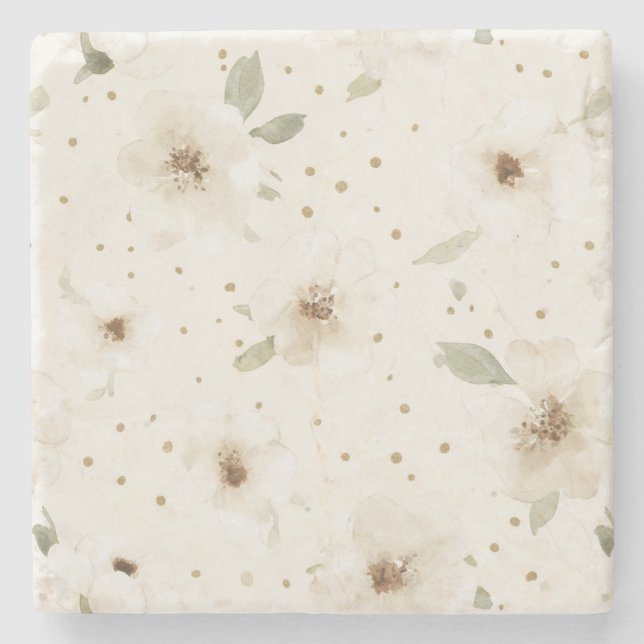 Porta-copo De Pedra Flores Marrom Cacau Creme   (Frente)