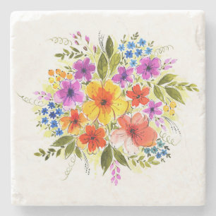 Porta-copo De Pedra Flores pintadas à mão, vibrante buquê de aquarela.