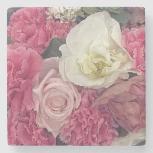 Porta-copo De Pedra Flores rosa e creme