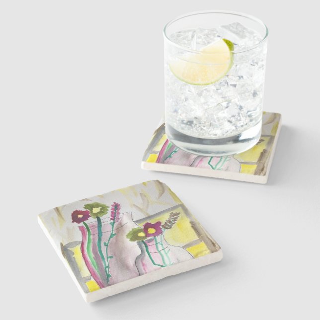 Porta-copo De Pedra Flores selvagens na vase abstrato art (Lateral)