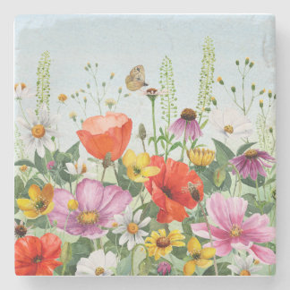 Porta-copo De Pedra Flores silvestres de aquarela