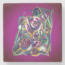 Porta-copo De Pedra Flores, sobre fundo roxo.