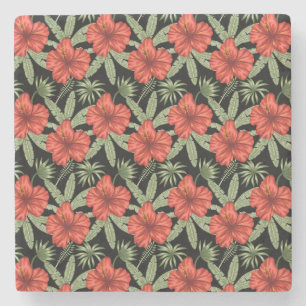 Porta-copo De Pedra Flores tropicais vermelhas Folhas verdes