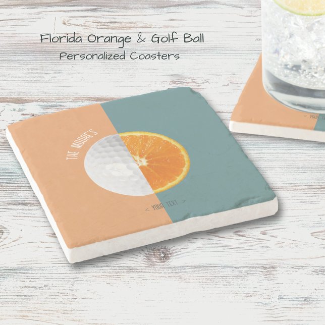 Porta-copo De Pedra Flórida Laranja Golf Ball (Personalized Coasters. Half golf ball & Florida orange design with contrasting colored backround!)