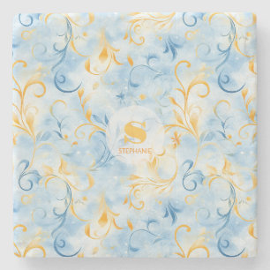Porta-copo De Pedra Folha Elegante Azul e Dourada Inspirada em Paisley