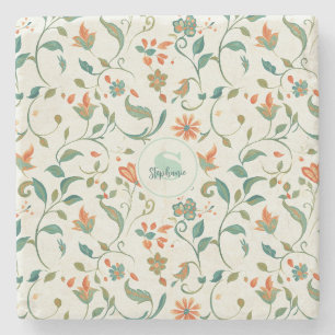 Porta-copo De Pedra Folhas Azul-Verde Vintage e Padrão Floral Laranja