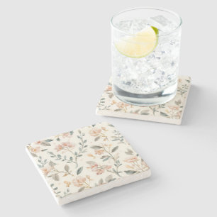 Porta-copo De Pedra Folhas de Aquarela Botânica Floral Bege Pintado