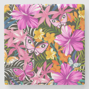 Porta-copo De Pedra Folhas e flores tropicais
