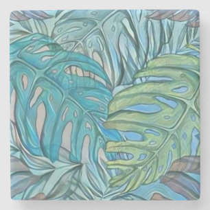 Porta-copo De Pedra Folhas tropicais azuis coloridas, cor d'água