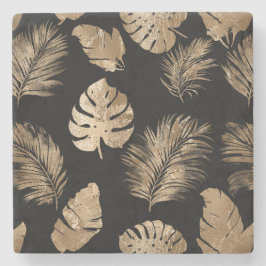 Porta-copo De Pedra Folhas tropicais Douradas chic Black