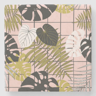 Porta-copo De Pedra Folhas tropicais, flores, padrão pintado à mão.