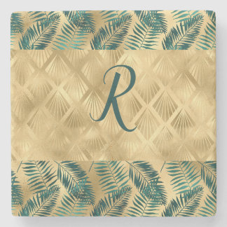 Porta-copo De Pedra Folhas verdes e Douradas