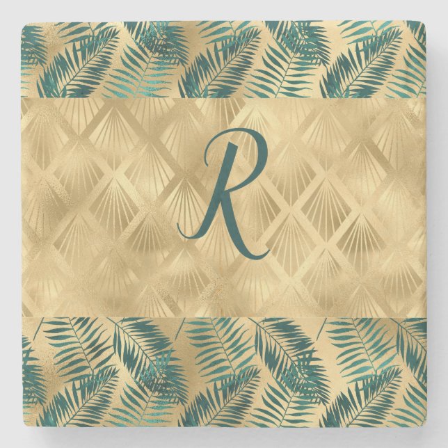 Porta-copo De Pedra Folhas verdes e Douradas