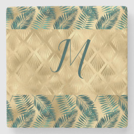 Porta-copo De Pedra Folhas verdes e Douradas