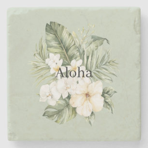 Porta-copo De Pedra Folhas Verdes Tropicais Orquídeas Hibisco Branco