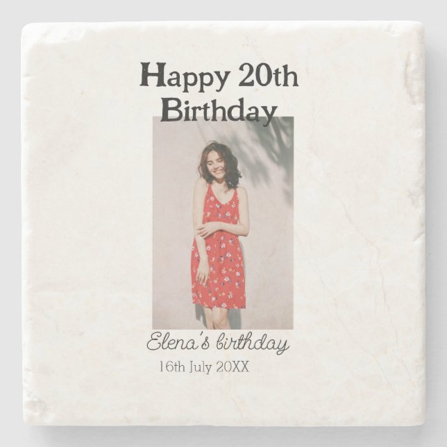 Porta-copo De Pedra Foto de 20 de aniversário feliz, simples e simples (Frente)