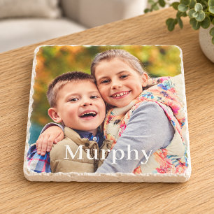 Porta-copo De Pedra Foto de Família Monograma de Sobrenome Personaliza