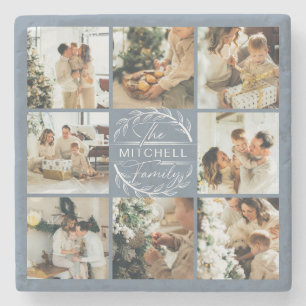 Porta-copo De Pedra Foto inicial da família do Monograma Azul Moderno 