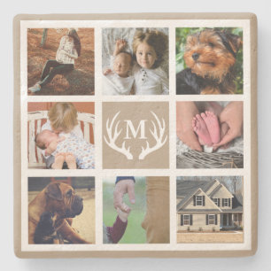 Porta-copo De Pedra Fotos da família Rustic White Deer Antlers   Monog