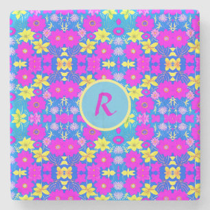 Porta-copo De Pedra Fundo com padrão de flores rosa azul amarelo adici