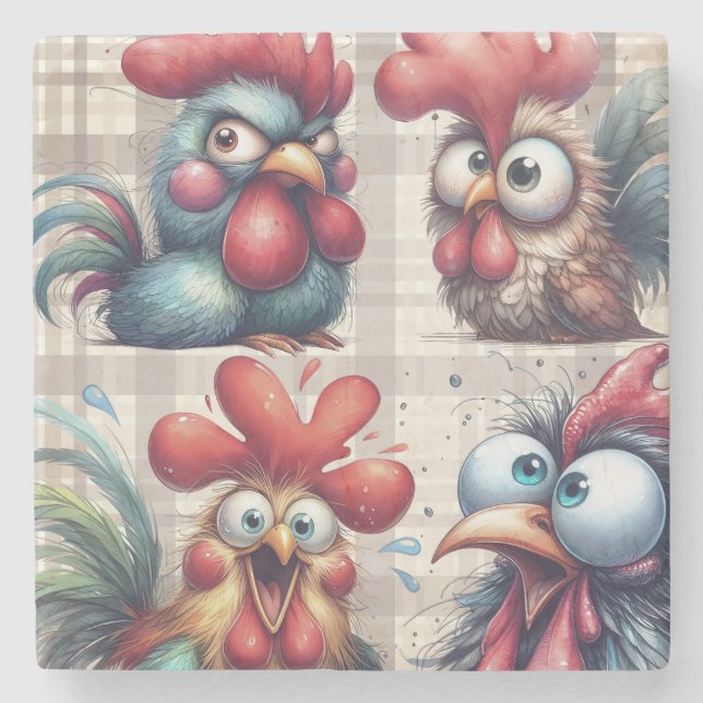 Porta-copo De Pedra Funny Chickens and Roosters (Frente)