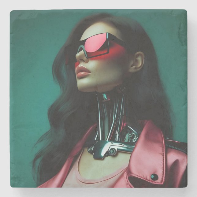 Porta-copo De Pedra  futuristic cybernetic woman (Frente)