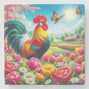 Porta-copo De Pedra Galo floral/primavera/trabalho de arte de galinha