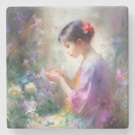 Porta-copo De Pedra Garota admirando uma flor em suas mãos