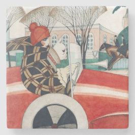 Porta-copo De Pedra Garota e Cachorro num Automóvel Vermelho