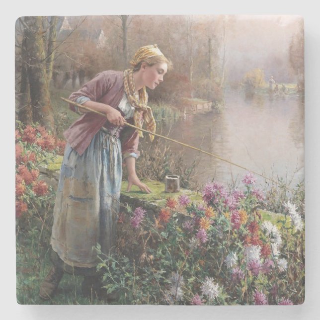 Porta-copo De Pedra Garota francesa pescando na Bretanha (Frente)