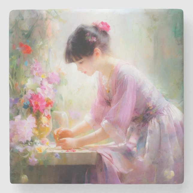 Porta-copo De Pedra Garota no Jardim Flor (Frente)