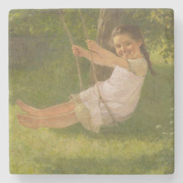 Porta-copo De Pedra Garota sorridente em um Swing (Infância Vintage)