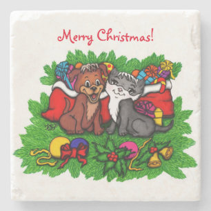 Porta-copo De Pedra Gatinho e Copo, XMas Feliz